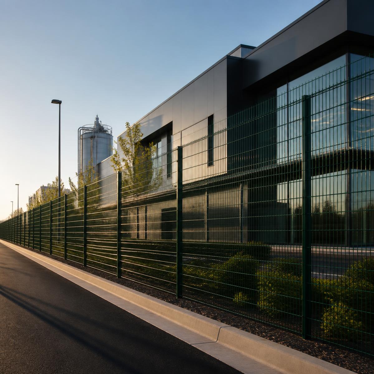 Cerramiento perimetral de malla europea verde en proyecto industrial